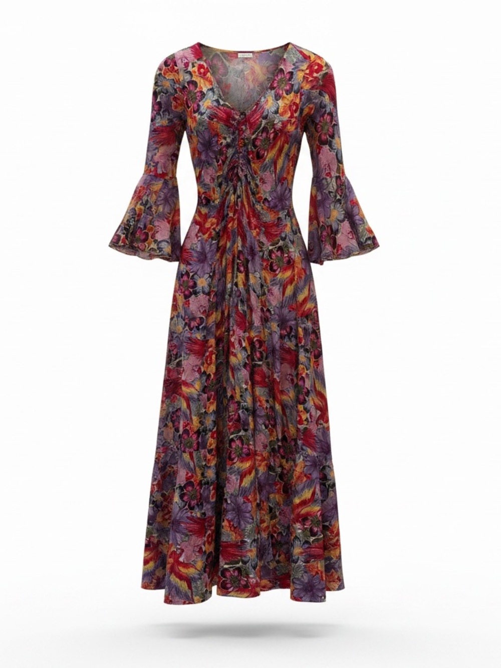 Floral V-Neck Bell Sleeve Maxi Dress - Red Purple